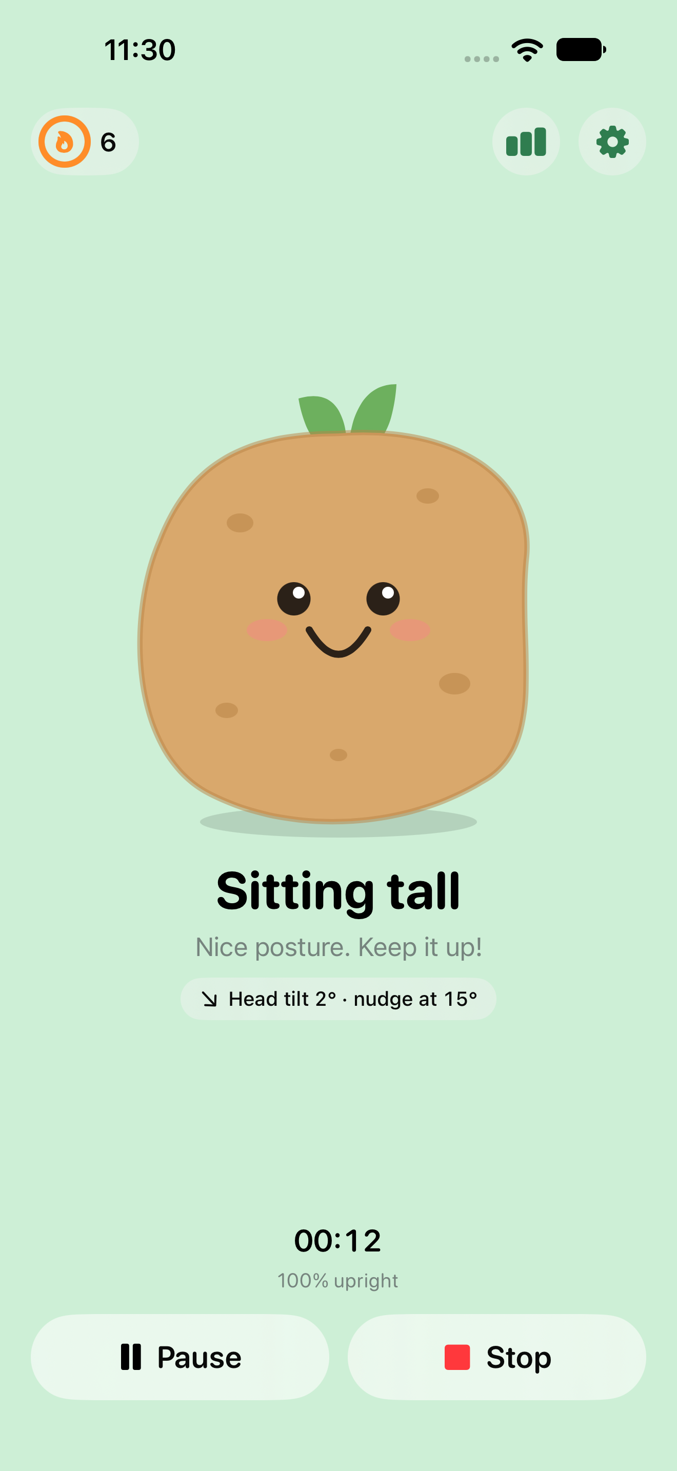 Slouch Potato showing Spud sitting upright, with a session timer and daily goal.
